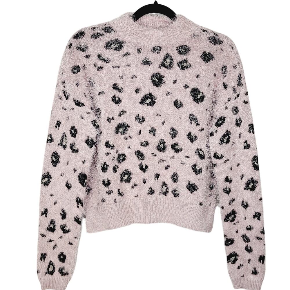 Candie's Cropped Pink Silver Leopard Print Eyelash Sweater Women's Size Medium